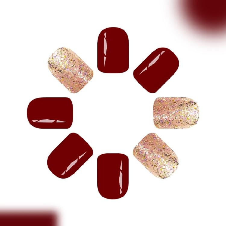 24pcs Glossy Red Glitters Press On Nail Short Square Styles Durability Fake Nail For Christmas And New Year Party