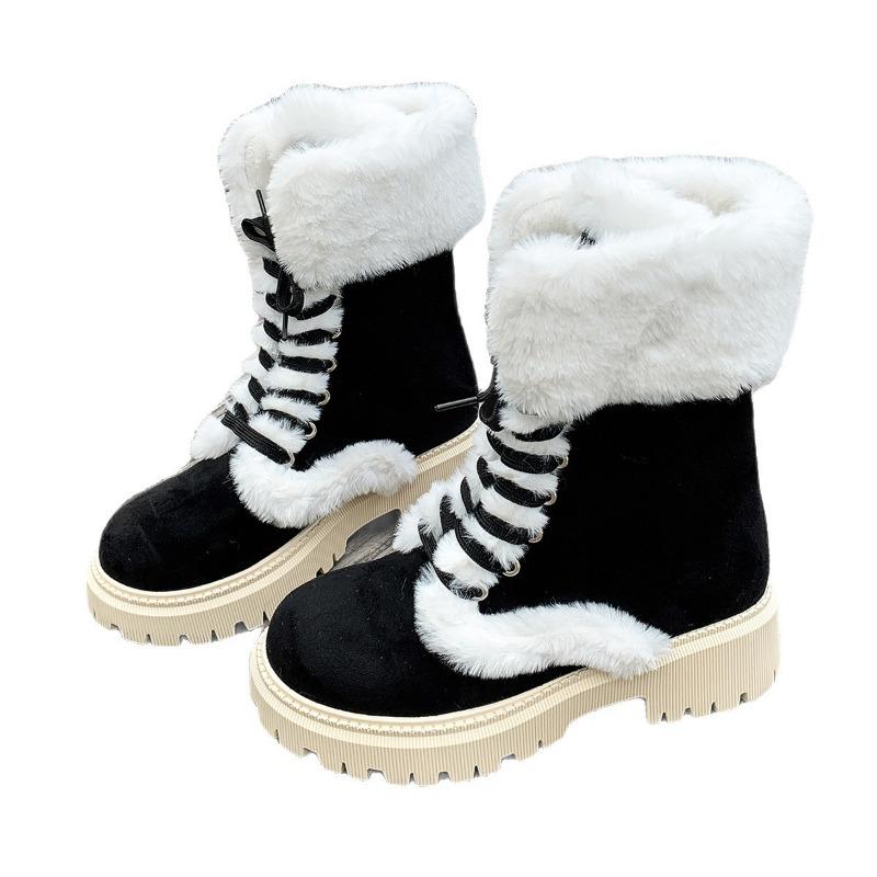 Autumn and winter large size cotton boots fluffy medium tube plush warm snow boots thick sole flanged thick heel medium tube boots women