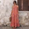 Bohemian Vacation Style Loose Abstract Print Halter Backless Long Dress For Women