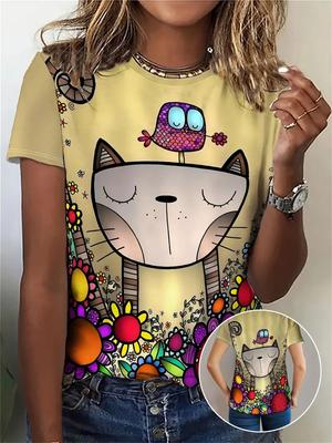 Maglietta da donna 2025 Casual Moda Manica Corta Nuova Divertente Cartone Animato Animale Gatto Stampa 3d Maglietta Da Donna Top Quotidiano
