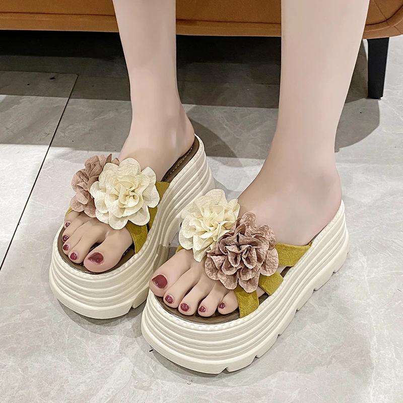 Fashion 7.5CM High Platform Slippers Women Summer Thick-soled Ladies High Heels Flower Slides Shoe Beach Sandals Ethnic style Flip Flops