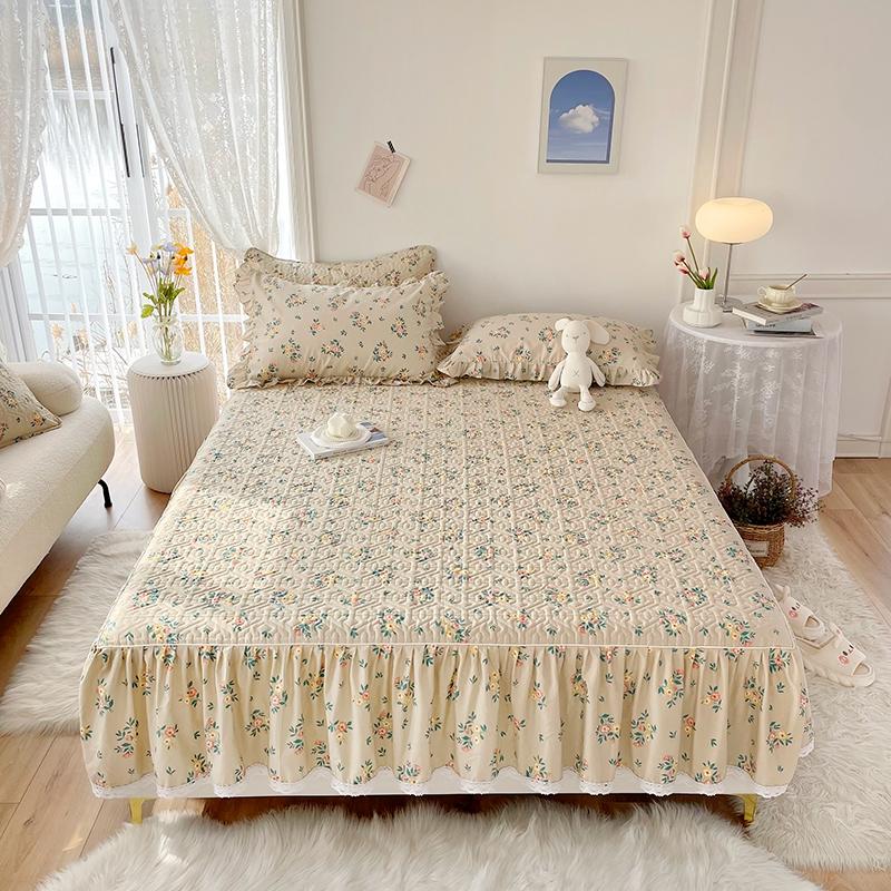 1pc Pure Cotton Thicken Quilted Mattress Cover with Skirt Queen/King Bed Sheet Skirt Elastic Band 200x220cm  (No Pillowcase)