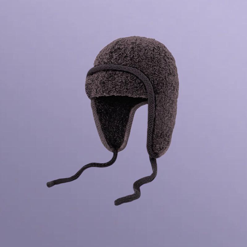 Jednobarevná plyšová letecká čepice s klapkami na uši - Zimní teplo s pletenou šňůrkou na zavazování pro velké obvody hlavy