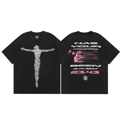 Hells Hell Star Washed Old Fashion Loose Men's and Women's Style Couple Crew Neck Short Sleeve T-Shirt