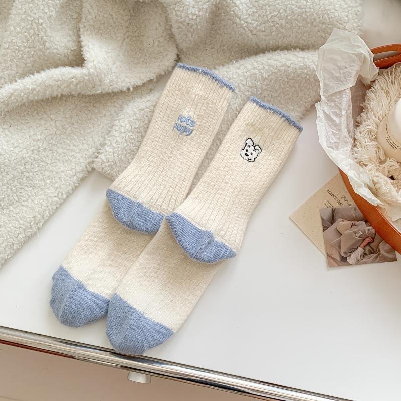 

Ladies Autumn Winter Thickened Warm Cartoon Dog Embroidered AB Style Wool Tube Stack Socks 1 pair синий