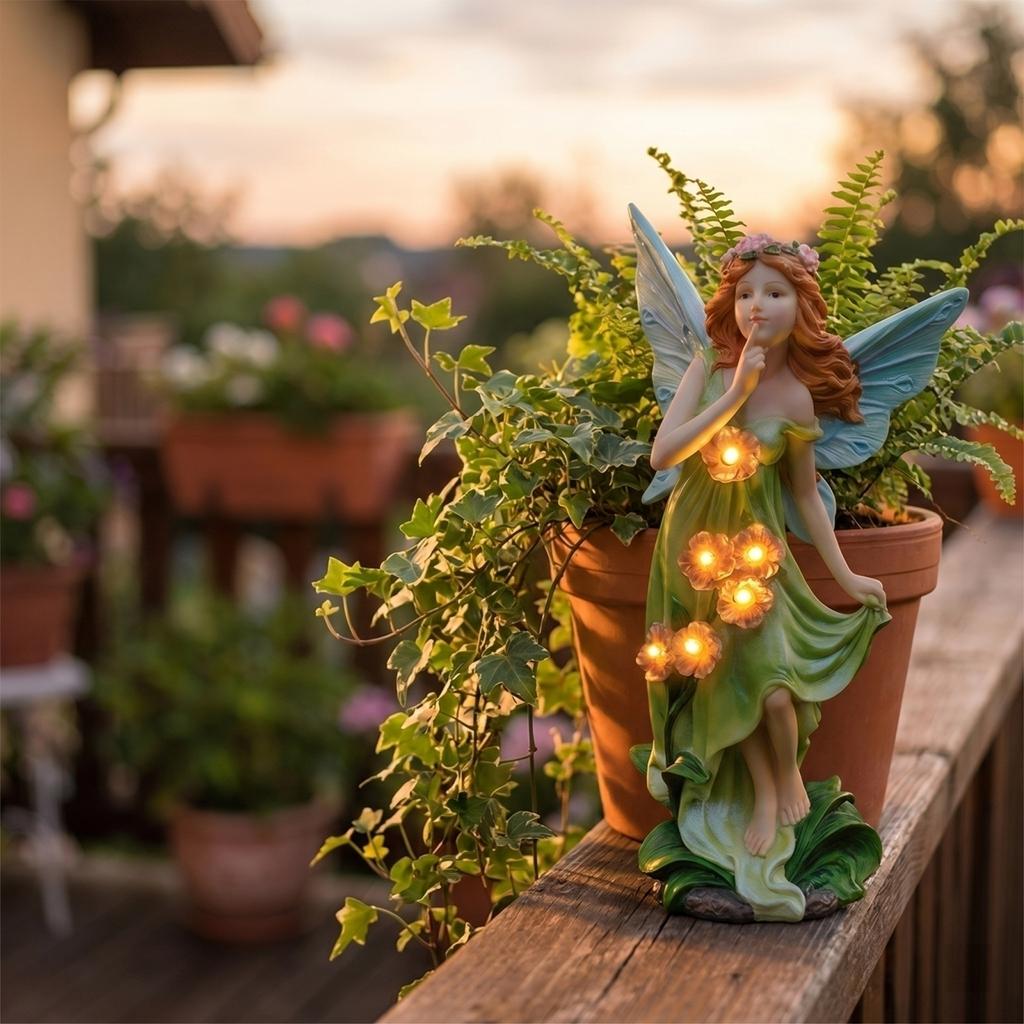 Resin Fairy Figurine Garden Decoration Solar Powered Night Light Outdoor Patio Yard Miniature Landscape Ornament