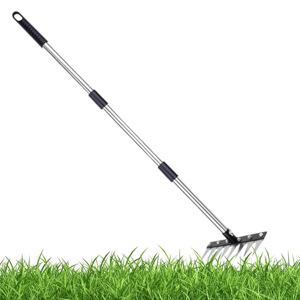 8-tooth Thatch Rake Heavy-duty Adjustable Length Weeding Dethatcher Stainless Steel Lawn Mower Outdoor Tilling Tool