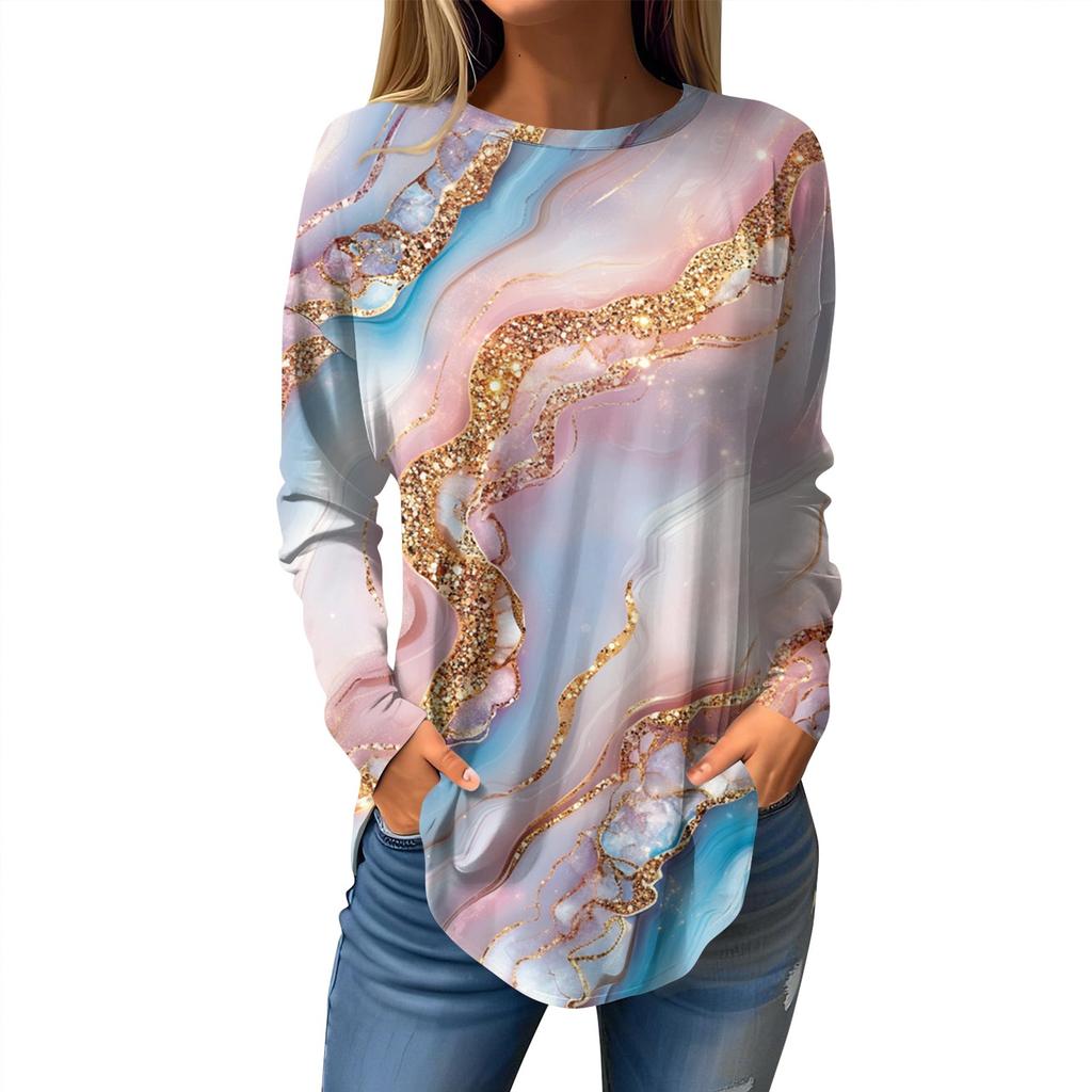 Women's Loose Casual Printed Round Neck Long Sleeved T Shirt Top Pullover Long Sleeved Sweatshirt