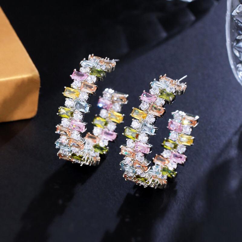 Glamorous Double Side Full Multicolor Cubic Zirconia Big Luxury Jewelry Earring Women Chunky Round CC Stud Hoop Earring серебряный