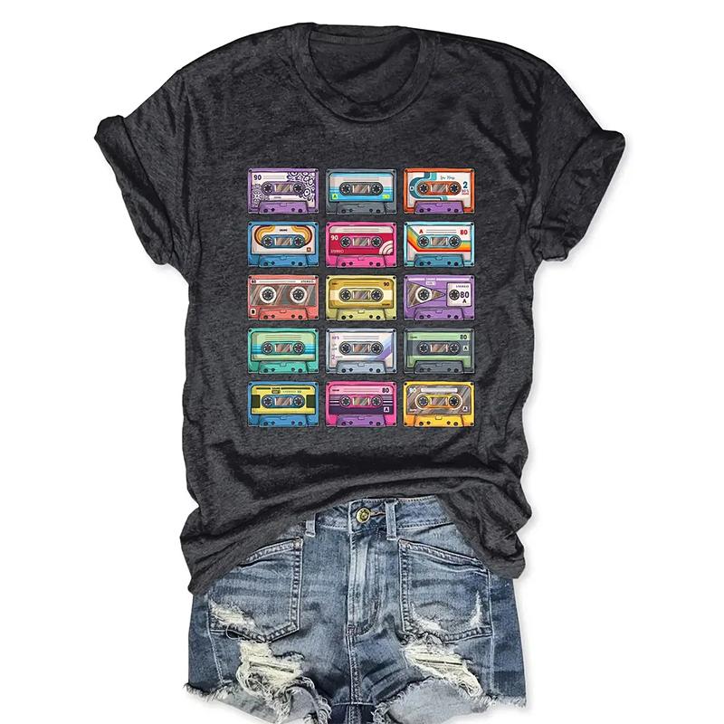 

Women Summer T Shirt Retro Fashion Short Sleeve Tees Casual Vegetation Printed Tops XS чорний