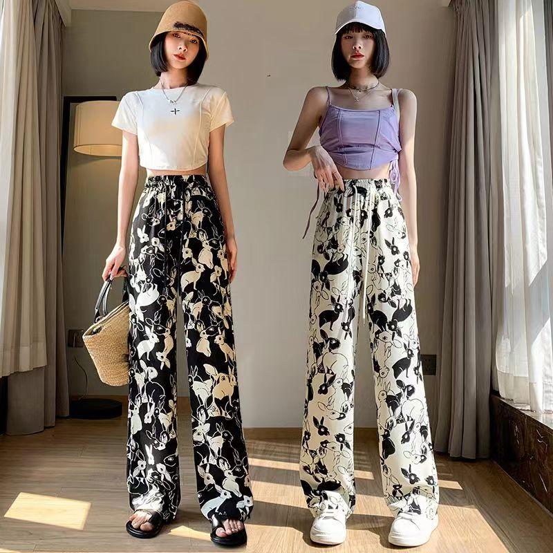 Summer Plus Size 3XL 4XL Sweatpants Jogger Women Wide Leg Pants Retro High Waist Cartoon Print Elastic Woman Pant White Black Loose Long Trouser