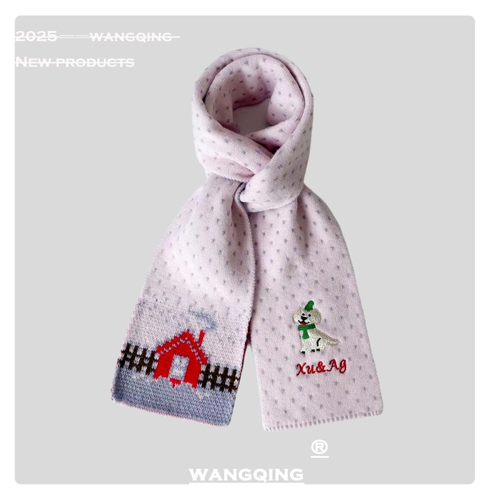 Korean Style Red White Cute Puppy Scarf Autumn and Winter New Style Gentle and Sweet Atmosphere Warm Knitted Small Scarf