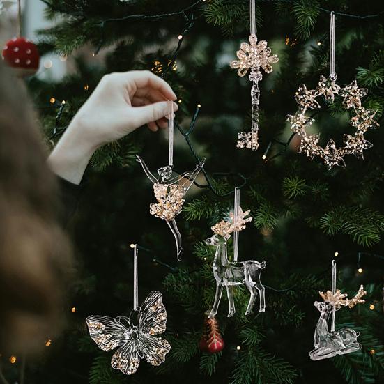 Clear Acrylic Christmas Ornaments Snowflake Tree Elk Butterfly Ballet Dancer Hanging Decoration for Holiday Winter Scene Decoration