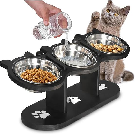 Cat Bowls Elevated, Raised Cat Food Bowls for Indoor Cats, Adjustable Heights Cat Food and Water Bowl with Black Shelf,3 Stainless Steel Elevated Cat