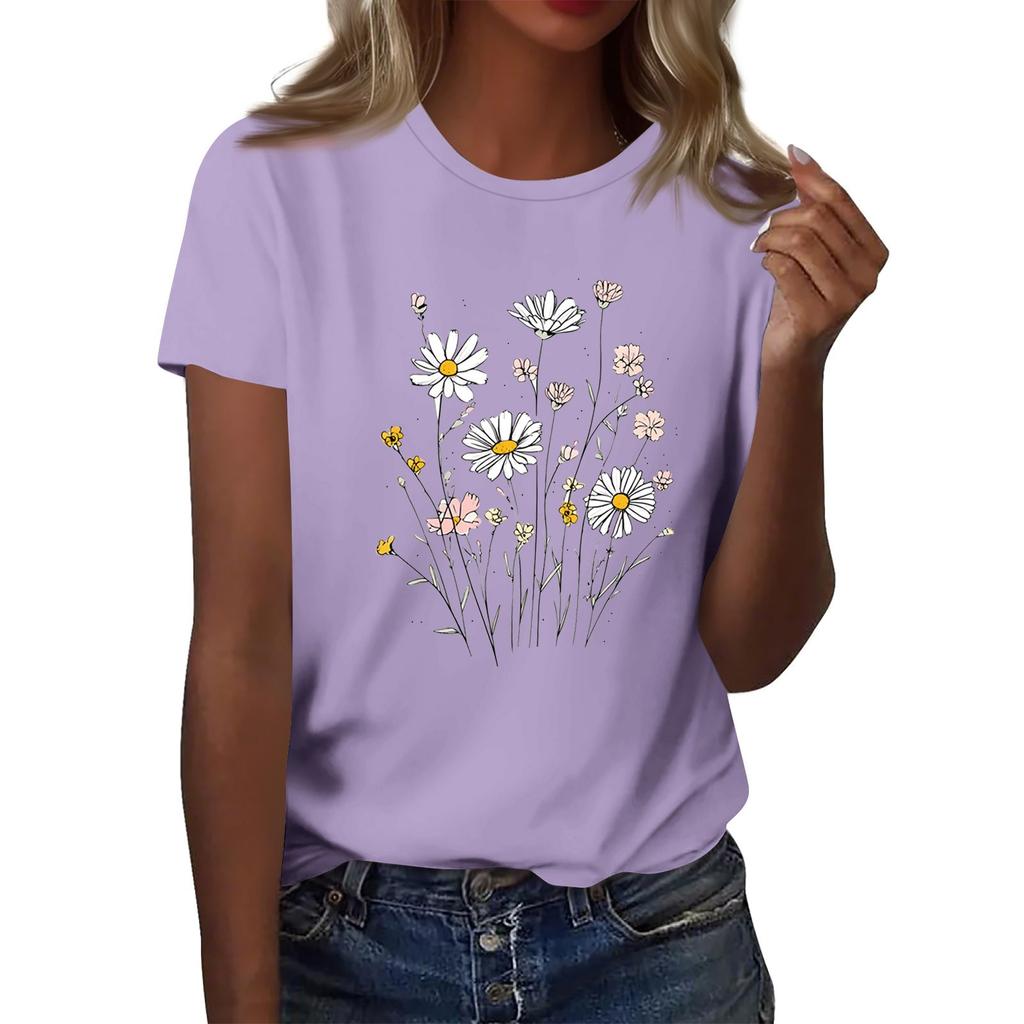 Women's Fashion Casual Printed Round Neck Short Sleeved T-Shirt Top T-Shirt Top Top