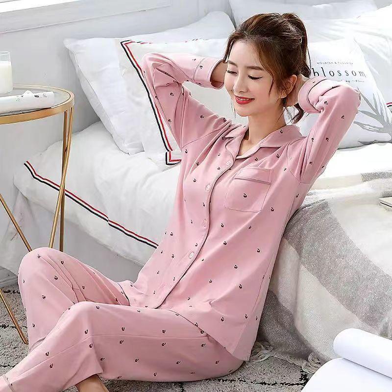 In the elderly 100% pure cotton pajamas women's spring and autumn models autumn and winter long-sleeved large-size suit casual can wear loungewear