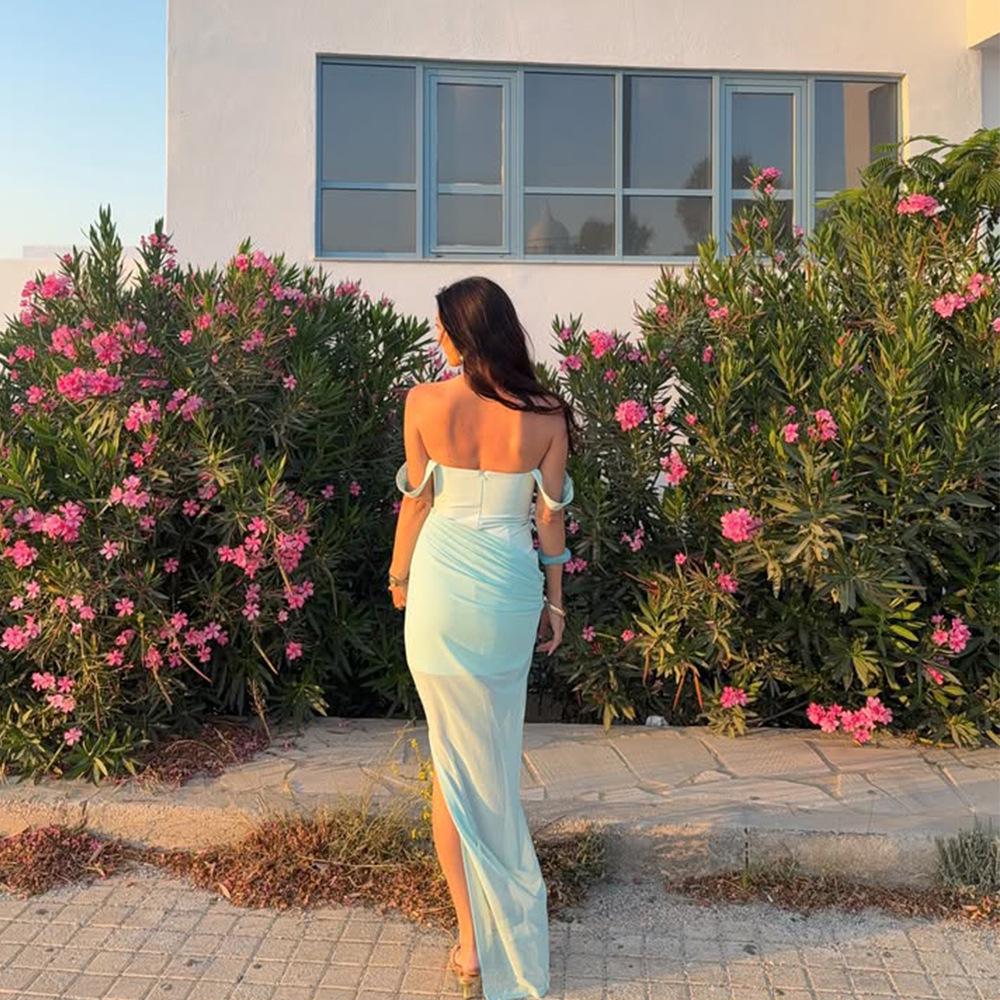 2025 Women's Backless Slim-Fit Dress: European & American Style, Spaghetti Strap, Sexy Shirring Patchwork