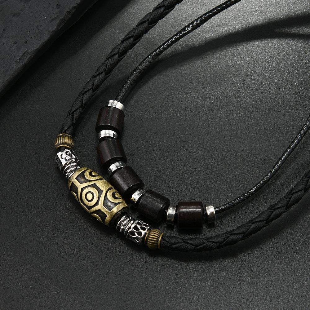 Bracelet Necklace Punk Style Retro Personality Trendy Men Woven Wax Rope Antique Dzi Bead Pendant Collarbone Chain Necklace