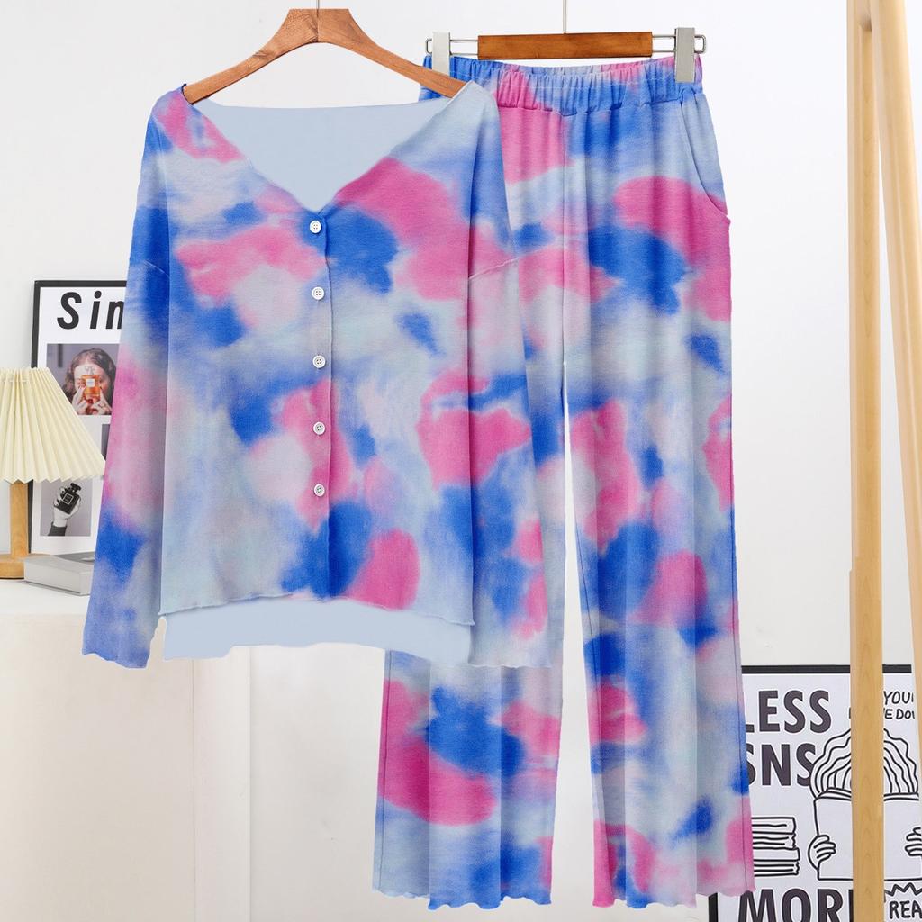 Modal tie-dyed pajamas sets women's homewear 2pcs suit long sleeve Tops and Pants Fashion thin nightwear casual sleepwear clothing