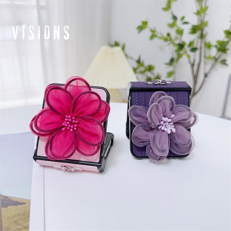 Applicable To Samsung ZFlip5 Mobile Phone Case Straw Mat Pattern Leather Case Flower Portable Hanging Ring Zflip4 Folding Protective Case