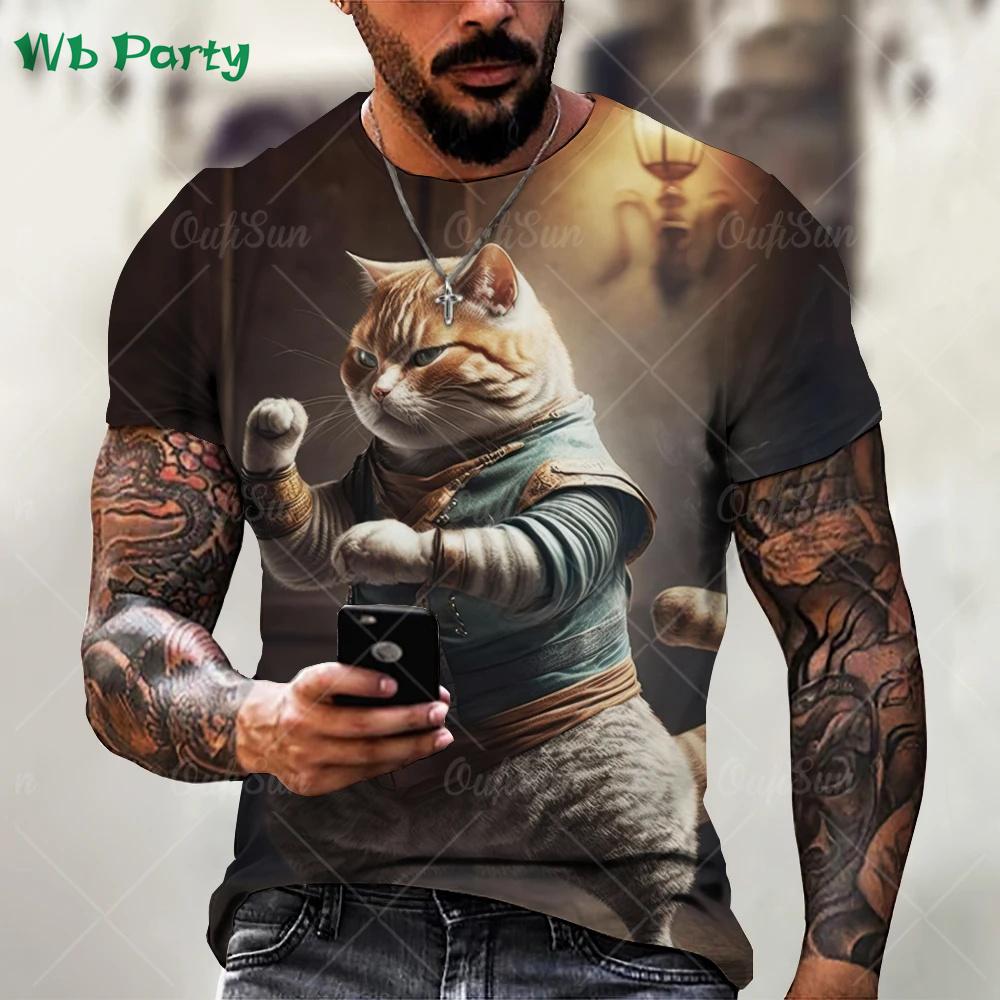 Summer Round Neck Funny Animal Samurai Cat Pattern 3D Print Top Fashionable Casual Short Sleeved Men's T-shirts