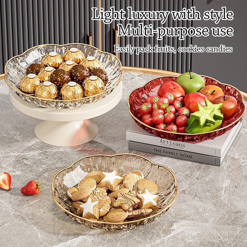 PET Glacier Fruit Bowl Gold-Trimmed Edge Thickened Shatterproof Snack Display Plate Large Capacity Glacier Texture