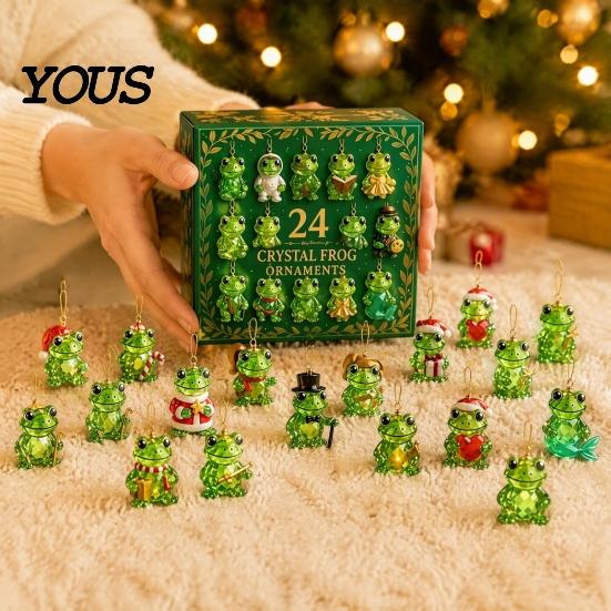 Faux Crystal Frog Ornaments 2026 Christmas Advent Calendar, 24 Day Countdown Box with Mini Animal Statues Ornaments, Festive Tree Hanging Decor,