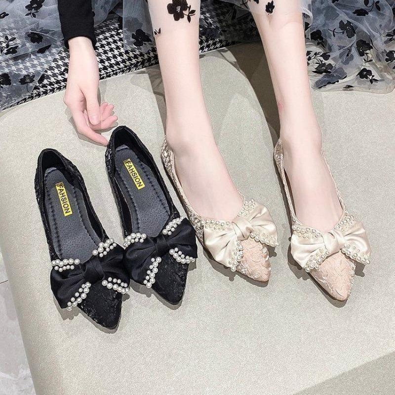 Fashion Ladies Footwear Pointed Toe with Bow Women's Flat Shoes Black Pearl Chic and Elegant Shoe Fashionable Luxury Brand Spring 39 Y2k