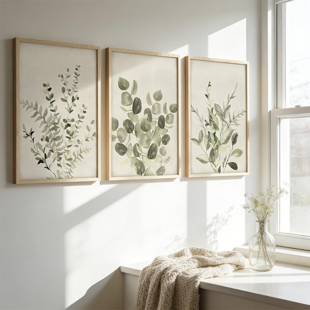 3pcs Frameless,Sage Green Plant Leaf Watercolor Wall Art Decor,Retro Plant Creative Canvas Poster Printing,Simple Home Decor