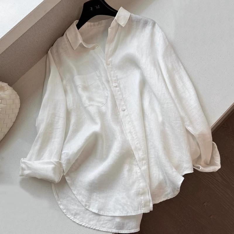Women's Early Autumn White Linen High-End Long Sleeve Shirt - Slimming, Loose Fit, Cotton-Linen Blend