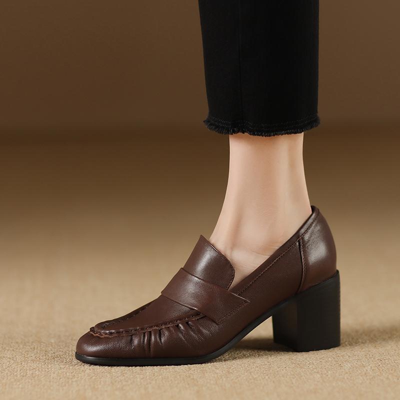 Fashion 2025 Women Pumps High Heels Classic Shoes Genuine Leather Round Toe Slip On Loafers Woman Leather Shoes Work Pleated Daily Shoes