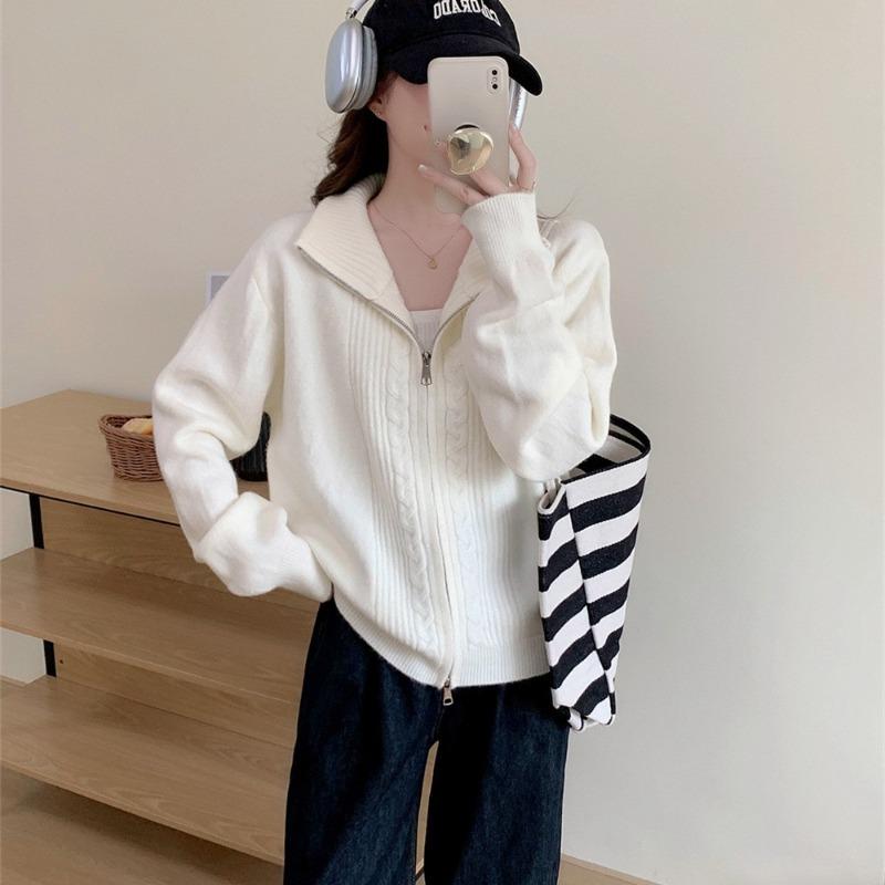 

Женский трикотажный кардиган на двойной молнии с отложным воротником, новый осенне-зимний, свободный, простой, в стиле ленивого ветра average size