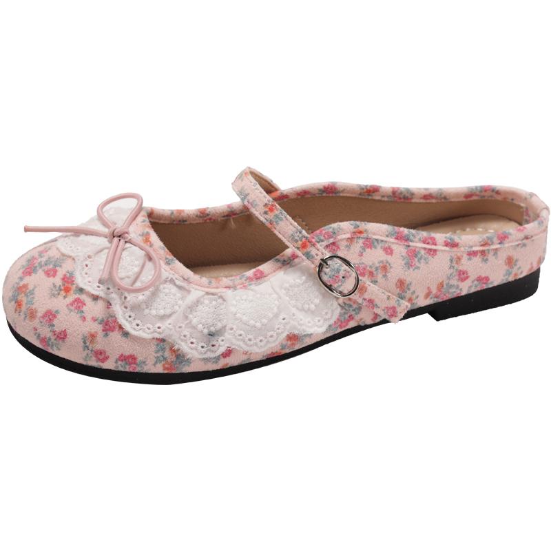 Fashion Lace Lace Bow Flat Semi-drag Spring and Summer New Round Toe Shallow Mouth Soft Sole Anti-slip Wear-resistant Slippers