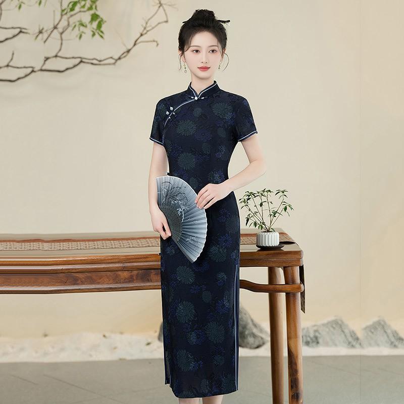 LongChinese-style Qipao Dress Women Vintage Fit Short Sleeve Daily Wear With Stand Collar Side Slit