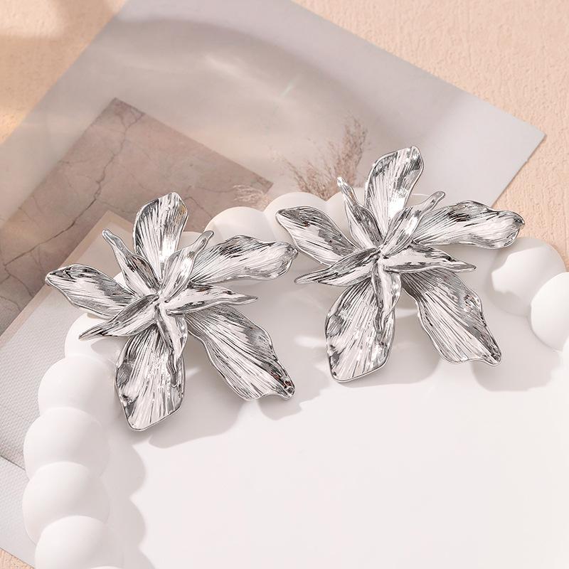 Dual-Layer Five-Petal Flower Earrings with Retro Striped Leaf Tassels