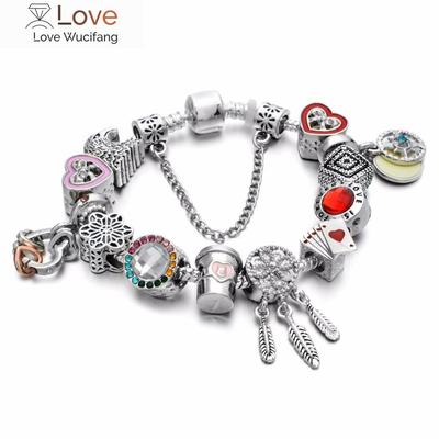 Fashion Antique Silver Plated Pa Bracelets &Bangles Crystal Heart Charm Beads Bracelet For Women Diy Original Jewelry Gift