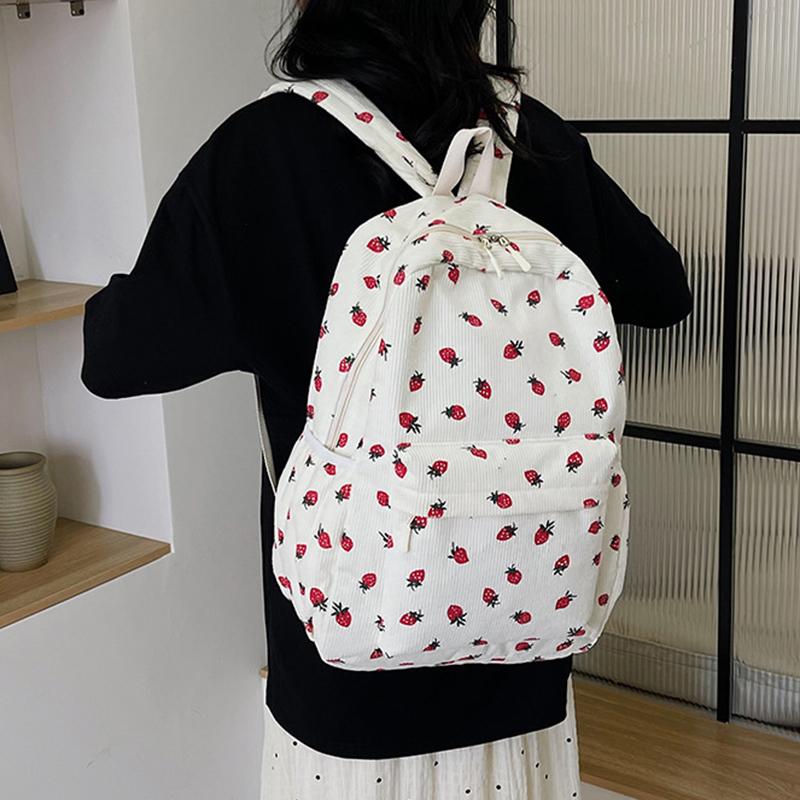Cord Rucksack mit Erdbeermuster Lässiger Reiserucksack Große Kapazität Mode Teenager Tagesrucksack Verstellbarer Riemen für Outdoor-Reisen AVE