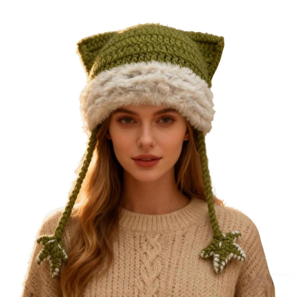 Women's Hand-Knitted Star Striped -Ear Braid Hat With Ear Protectioned, Fashionable And Versatile Cap