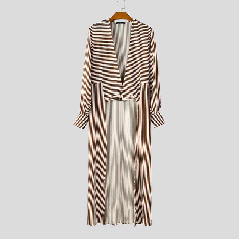 

INCERUN Весна Мужской Воротник Длинный Рукав Полосатый Неправильный Повседневный Длинный Кардиган Рубашки Топы 3XL коричневый