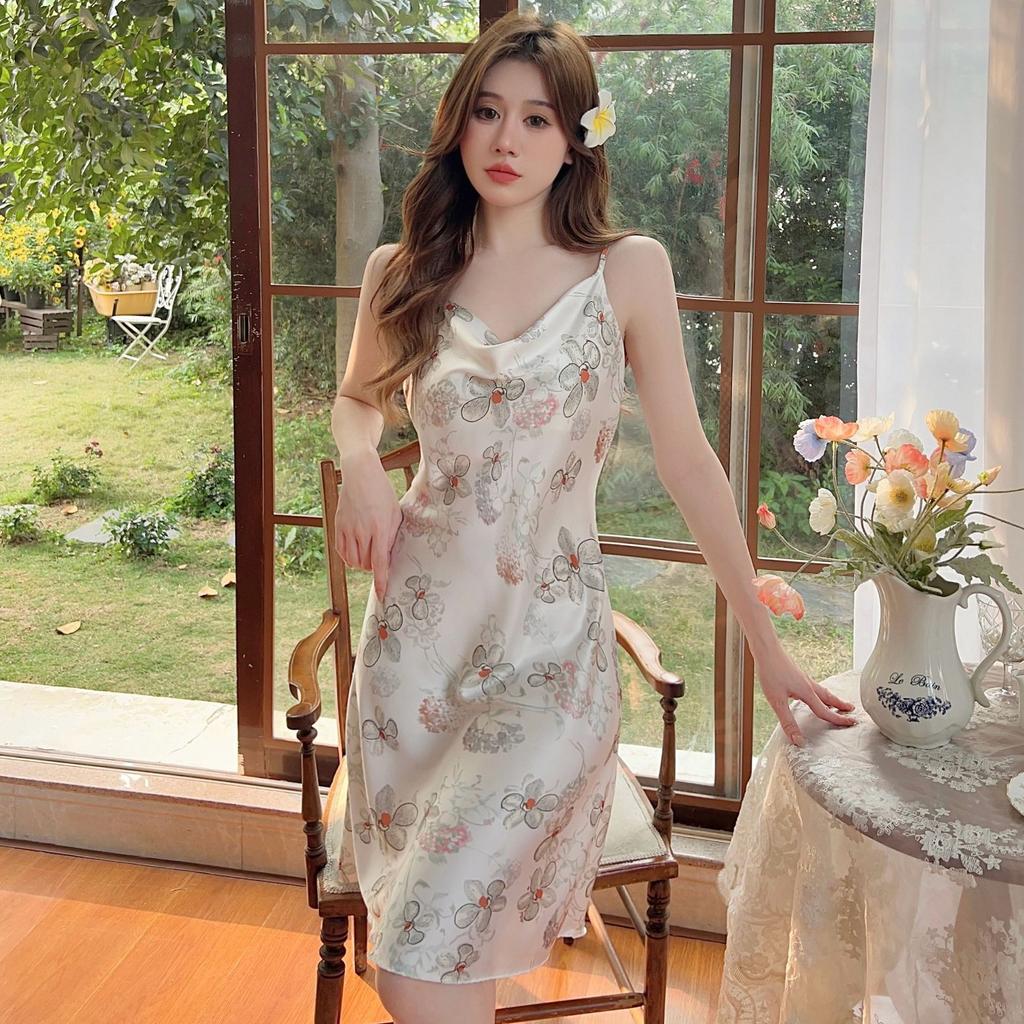 Sexy Pajamas Women's Summer French Swing Neck Suspender Skirt Korean Printing Imitation Silk Vacation Skirt Ice and Snow Silk Nightdress