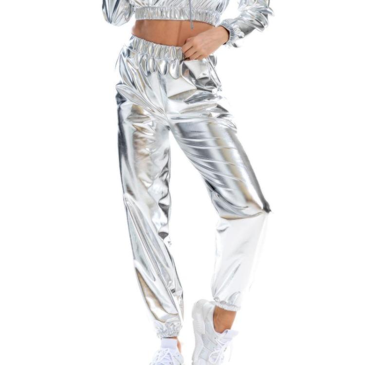 Women Shiny Sports Sweatpants Loose Elastic Jogging Bottoms Stretch Leggings Casual Long Disco Clubwear Party Leisure Comfort Fit Trousers