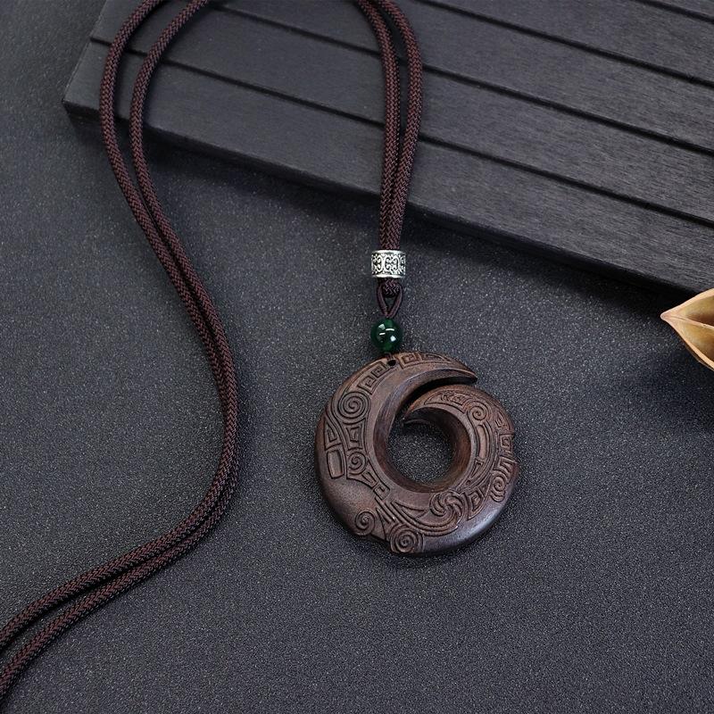 Natural Ebony Wood Hand Carved Long Necklace Vintage Pixiu Pendant Sweater