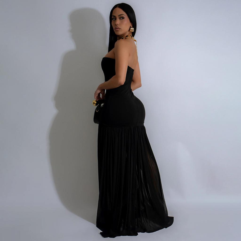 Sexy Backless Evening Dress for Women - Mesh Panel Solid Color Strapless Club Party Dress