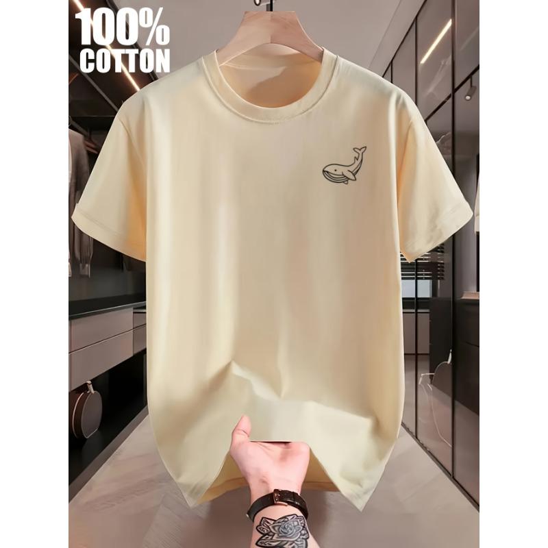 Men's Summer 100 Cotton Fashionable Casual Sports Loose Large Whale Pattern Printed Round Neck Short Sleeve T-shirt Top