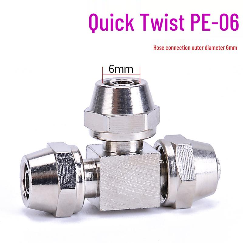 T-shaped Quick-Connect Pneumatic Fitting for High-Pressure Air Hoses, Nickel-Plated, Available in 4-12mm.