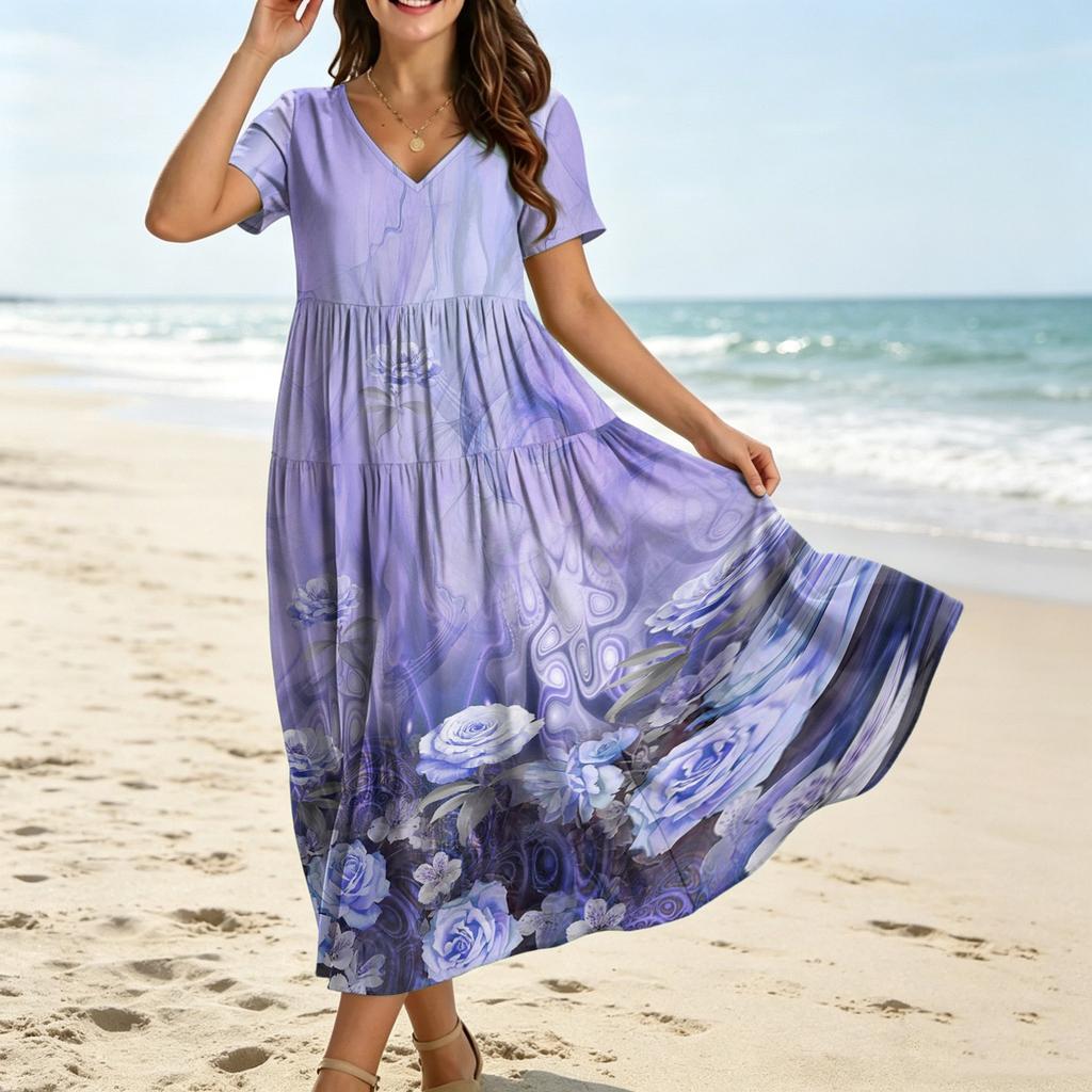 Frauen Casual Lose Bohemian Blumenkleid Kurzarm Lange Maxi Sommer Strand Swing Kleid