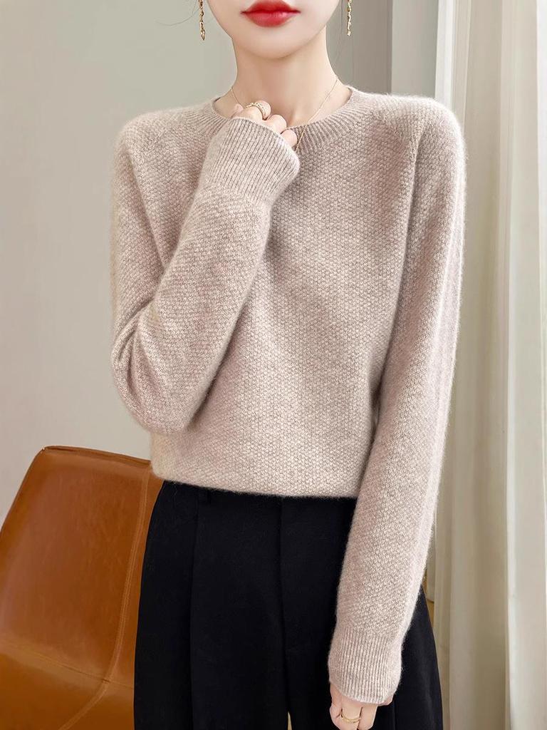 Women's Andy Plush Osmanthus Stitch Loose Knit Pullover Sweater - Round Neck, Solid Color, Versatile Base Layer