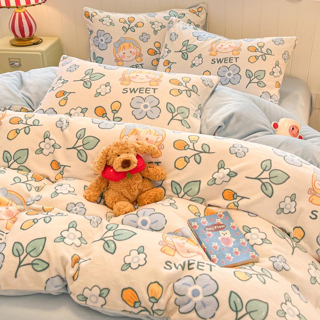 Winter milk fleece four-piece set thickened warm high gram weight double-sided fleece printed double-spell design bed sheet quilt cover