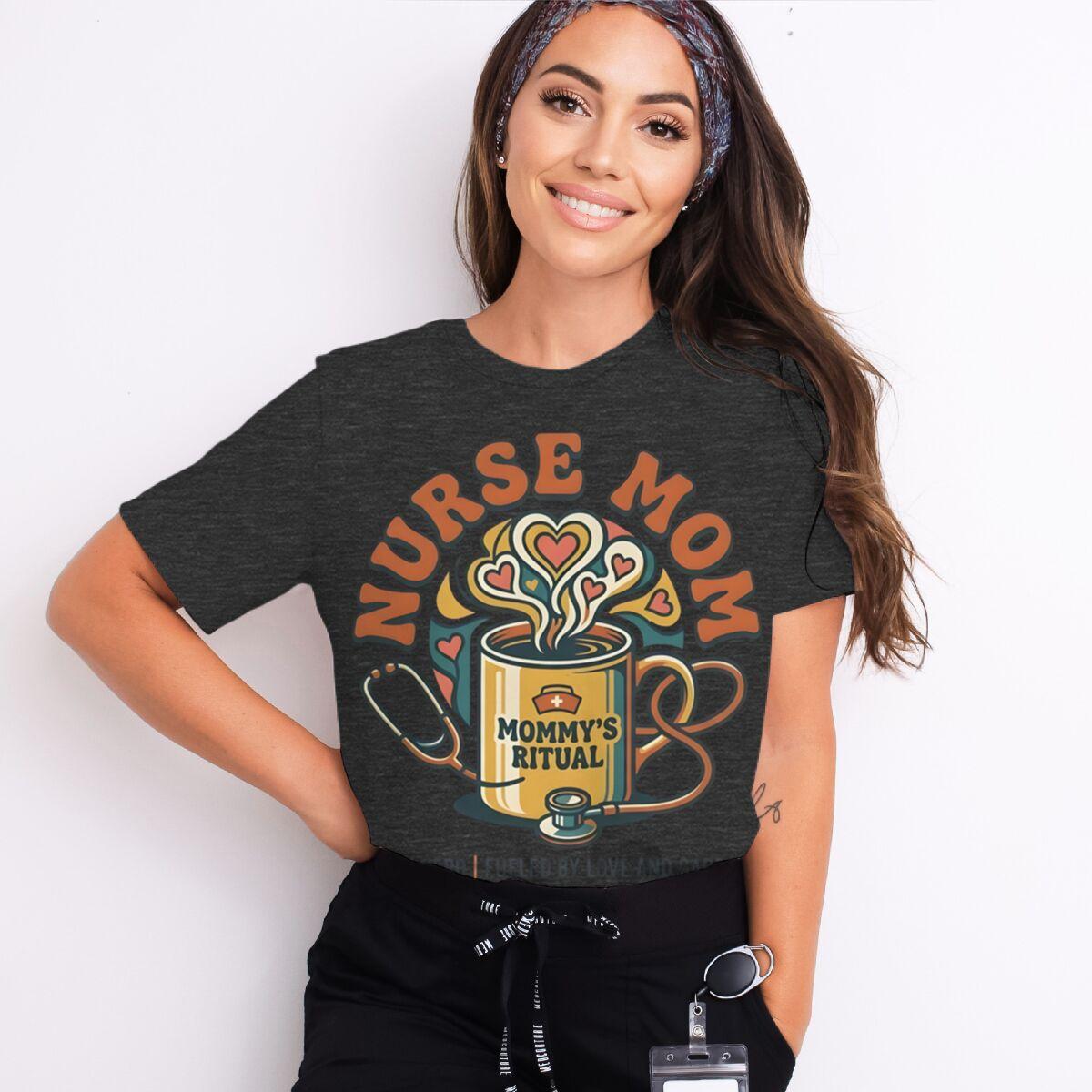 

Nurse Mom Tshirts Mommys Ritual Vintage Streetwear Fashion Stethoscope And Coffee Pattern Women Short Sleeve Nurse Tshirt Gift 4XL