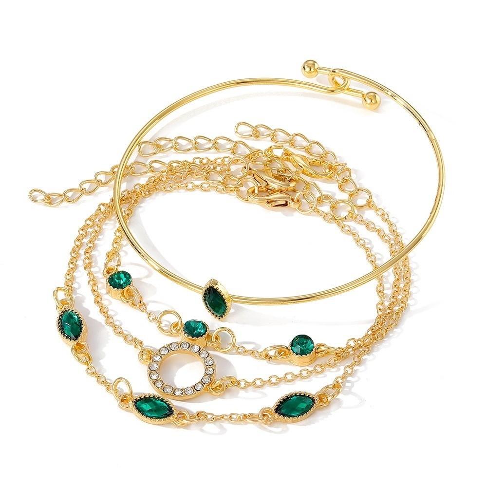 4Pcs/Set Imitation Gemstone Bangle Set Green Color Jewelry Set Fashion Hollow Bracelet